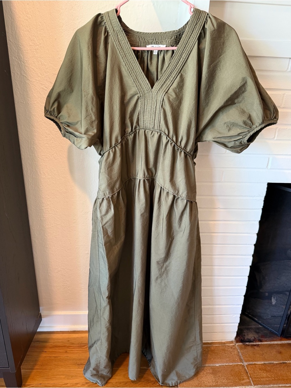 Madewell Olive Green Midi Dress XXS Puff Sleeve Cotton Tiered Boho Cottagecore - Picture 2 of 6